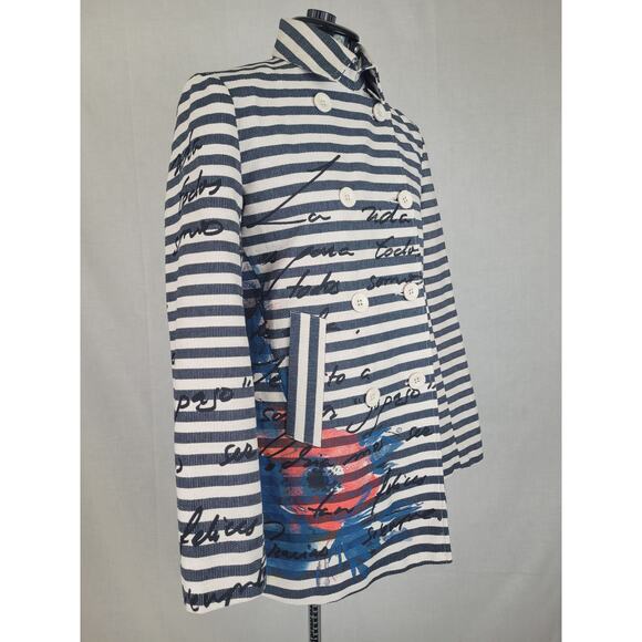 Desigual Mencia Blue & White Striped Double Breasted Blazer Floral Print Sz 38 - Picture 6 of 12